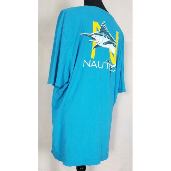 Nautica Fish Responsibly T Shirt Hawaiian Blue Short Sleeve Back Logo XXL Cotton - Picture 8 of 12